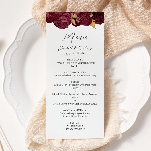 Bourgondische gouden bloemrijke moderne script bru menu