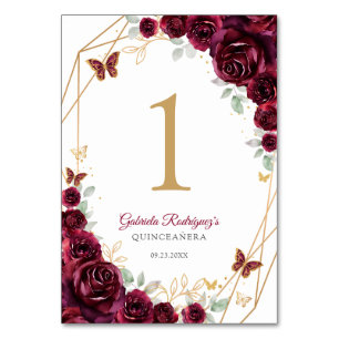 Bourgondische Gouden Bloemrijke Quinceanera Kaart