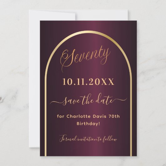 Bourgondische gouden boog 70ste verjaardag save the date (Voorkant)