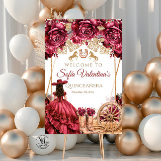 Bourgondische Gouden Charra Quinceanera Cowboylaar Poster