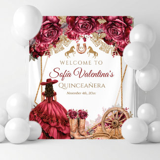 Bourgondische Gouden Charra Quinceanera Cowboylaar Wandkleed