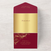  Bourgondische gouden Damask Calligraphy Wedding All In One Uitnodiging (Buitenkant)