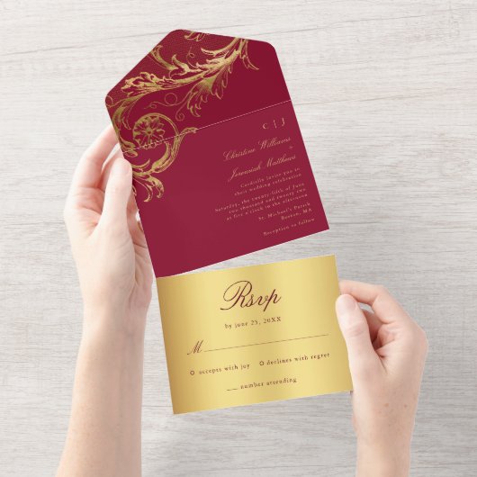  Bourgondische gouden Damask Calligraphy Wedding All In One Uitnodiging (Afscheurbaar)
