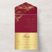  Bourgondische gouden Damask Calligraphy Wedding All In One Uitnodiging (Binnen)