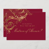  Bourgondische gouden Damask Matron of Honor Kaart (Voorkant / Achterkant)