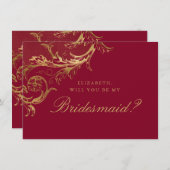  Bourgondische gouden Damask Script Bruidsmeisje Kaart (Voorkant / Achterkant)