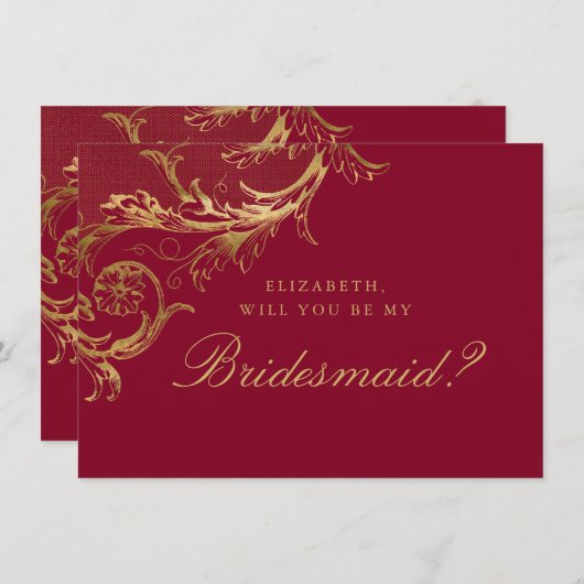  Bourgondische gouden Damask Script Bruidsmeisje Kaart (Voorkant / Achterkant)