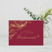  Bourgondische gouden Damask Script Bruidsmeisje Kaart (Staand voorkant)