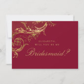  Bourgondische gouden Damask Script Bruidsmeisje Kaart (Voorkant)