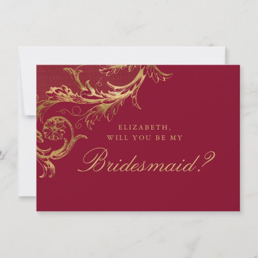  Bourgondische gouden Damask Script Bruidsmeisje Kaart (Voorkant)