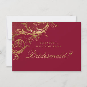  Bourgondische gouden Damask Script Bruidsmeisje Kaart