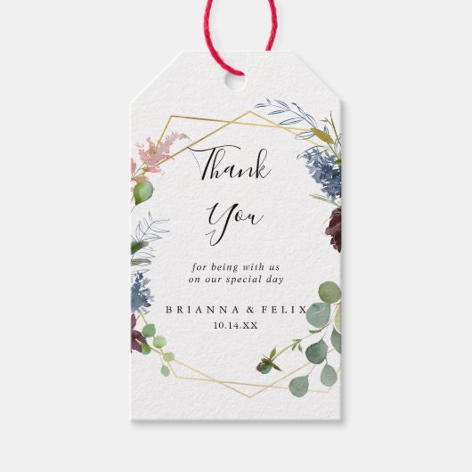 Bourgondische gouden geometrische bruiloft dank u cadeaulabel (Voorkant)