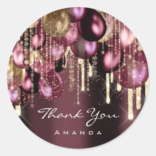 Bourgondische GOUDEN GLITTER BALLONS DRIP DANK U B Ronde Sticker (Voorkant)