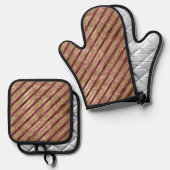 Bourgondische gouden glitter strepen ovenwant & pannenlap set (Voorkant / Achterkant)