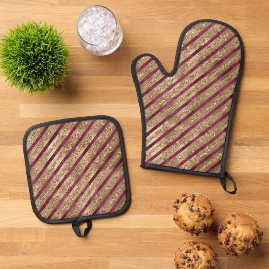 Bourgondische gouden glitter strepen ovenwant & pannenlap set (Top down)