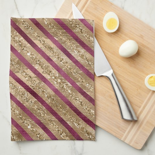 Bourgondische gouden glitter strepen theedoek (Quarter Fold)