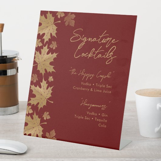 Bourgondische gouden herfst laat signatuur cocktai reclamebord met voetstuk (Insitu)