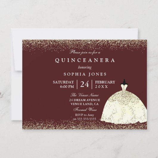 Bourgondische gouden jurk glitter Quinceanera uitn Kaart (Achterkant)