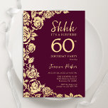 Bourgondische gouden Rozen verrassen 60ste verjaar Kaart<br><div class="desc">Bourgogne gouden bloemen verrassing 60e verjaardag uitnodiging. Elegant ontwerp met rozen,  faux gouden folie en typografisch lettertype. Trendy uitnodigingskaart ideaal voor een stijlvol vrouw bday-feest. Kan worden aangepast aan elke leeftijd. Gedrukte Zazzle-uitnodigingen of direct downloadbare digitale afdrukbare sjabloon.</div>