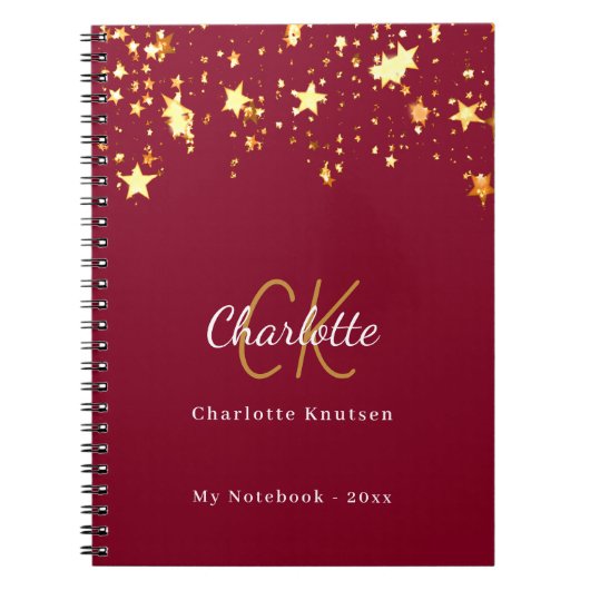Bourgondische gouden sterren naam monogram notitieboek (Voorkant)