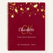 Bourgondische gouden sterren naam monogram notitieboek (Voorkant)