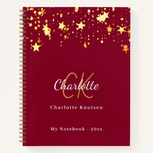 Bourgondische gouden sterren naam monogram notitieboek (Voorkant)