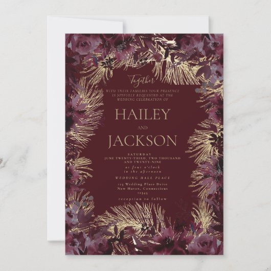 Bourgondische gouden waterverf bloemenluxe bruilof kaart (Voorkant)