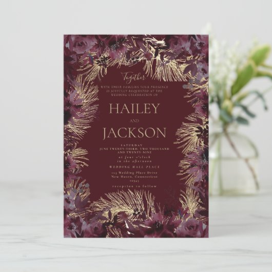 Bourgondische gouden waterverf bloemenluxe bruilof kaart (Staand voorkant)