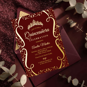 Bourgondische Gouden Werveling Elegante Quinceaner Folie Uitnodiging