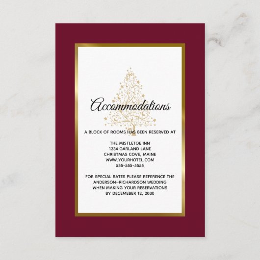 Bourgondische gouden winter bruiloft accommodaties informatiekaartje (Voorkant)