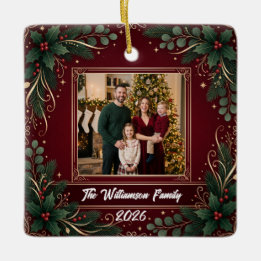 Bourgondische groene familie foto Kerst keramiek Keramisch Ornament