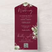 Bourgondische groene QR-code monogram bruiloft All In One Uitnodiging (Binnen)