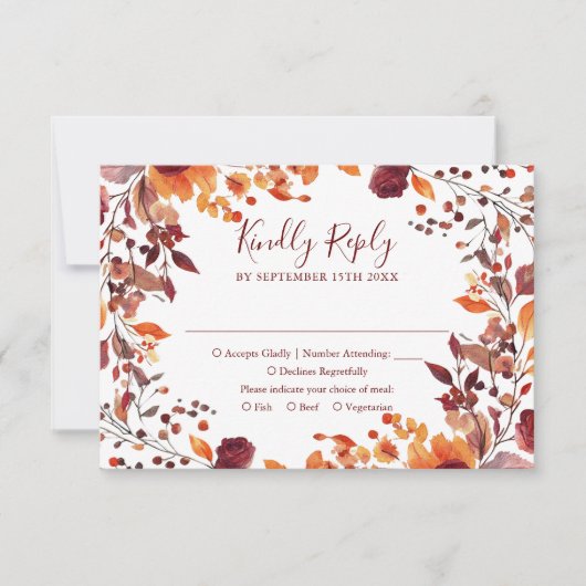 Bourgondische Herfst Autumn Leaves Floral Wedding RSVP Kaartje (Voorkant)