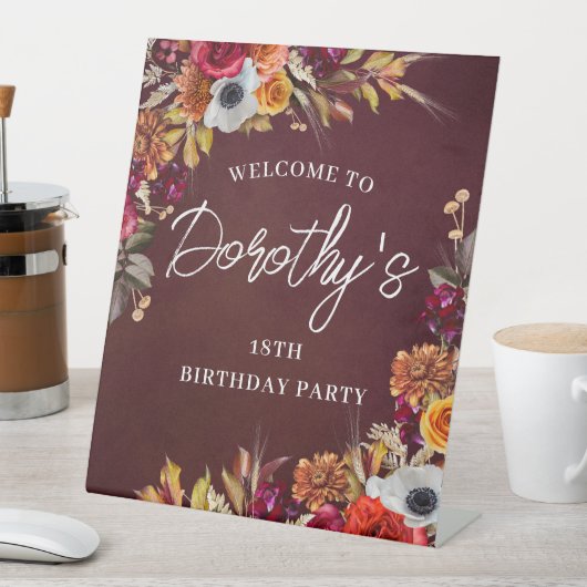 Bourgondische Herfst Bloemen 18e Verjaardagsfeest  Reclamebord Met Voetstuk (Insitu)