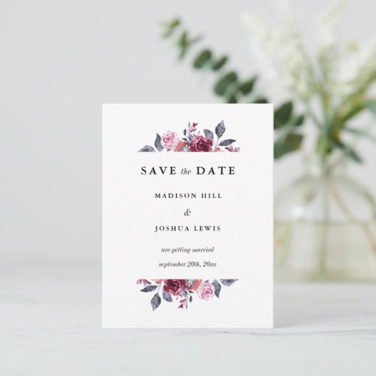 Bourgondische Herfst bloemenbruiloft Save the Date Briefkaart (Staand voorkant)