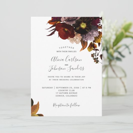 Bourgondische herfst bloemenrustiek elegant script kaart (Staand voorkant)