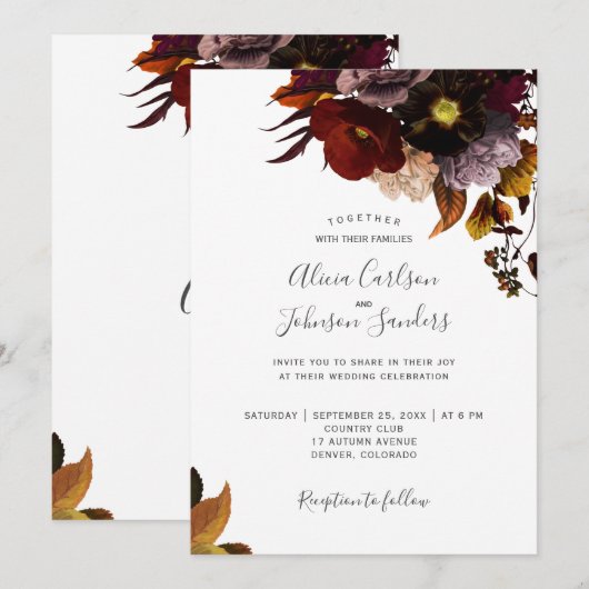 Bourgondische herfst bloemenrustiek elegant script kaart (Voorkant / Achterkant)