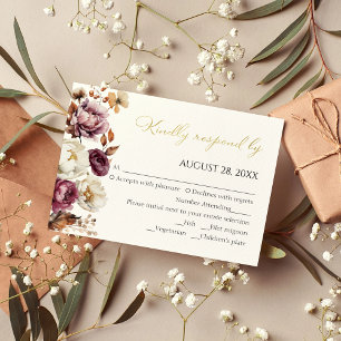 Bourgondische herfst bloemige Quinceanera RSVP-kaa RSVP Kaartje