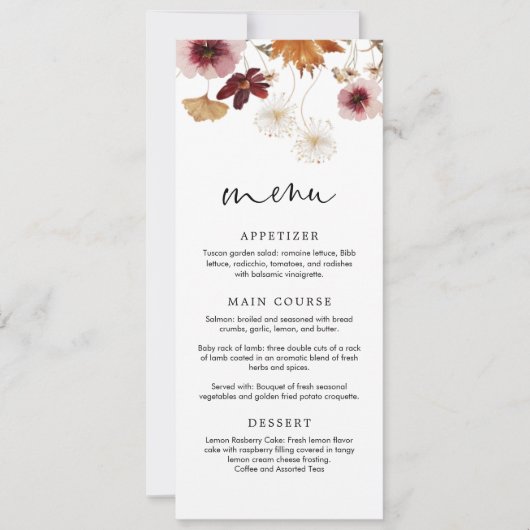 Bourgondische Herfst Boho Bloemen Wedding Menu Kaa Kaart (Voorkant)