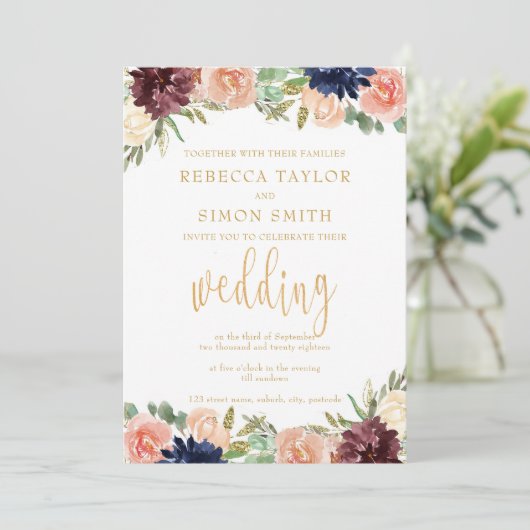 Bourgondische herfst bruiloft kaart (Staand voorkant)