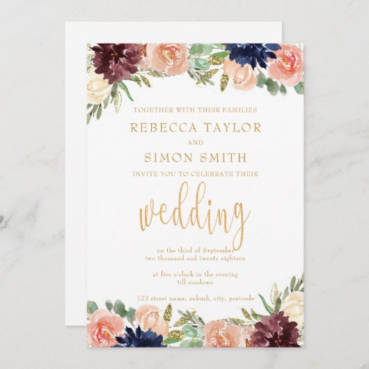 Bourgondische herfst bruiloft kaart (Voorkant / Achterkant)