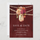 Bourgondische Herfst Dahlia Mason Jar Foto bruilof Save The Date (Voorkant)