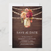 Bourgondische Herfst Dahlia Mason Jar Foto Hout Hu Save The Date (Voorkant)