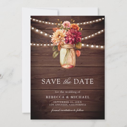 Bourgondische Herfst Dahlia Mason Jar Foto Hout Hu Save The Date (Voorkant)