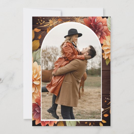 Bourgondische Herfst Dahlia Mason Jar Foto Hout Hu Save The Date (Achterkant)