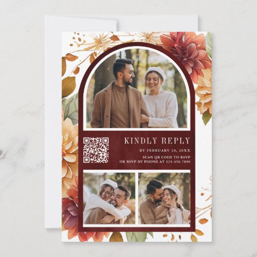 Bourgondische Herfst Dahlia Mason Jar QR Code Brui Kaart (Achterkant)