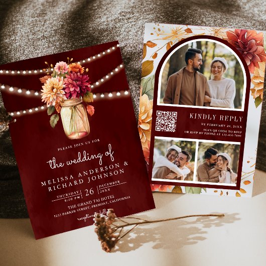 Bourgondische Herfst Dahlia Mason Jar QR Code Brui Kaart