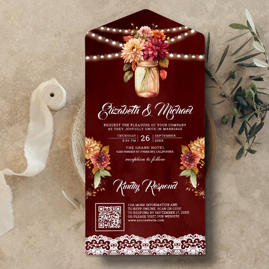 Bourgondische Herfst Dahlia Metselwerk Pot QR Code All In One Uitnodiging