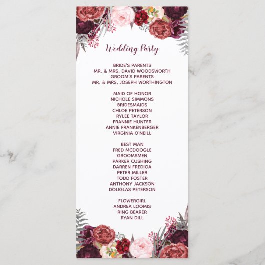 Bourgondische Herfst Marsala Blush Pioen Trouwprog Programmakaart (Achterkant)