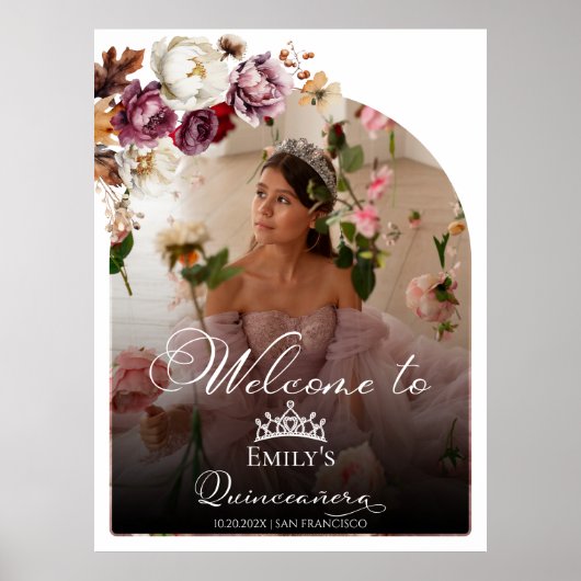 Bourgondische Herfst Quinceanera Foto Welkom Teken Poster (Voorkant)